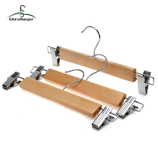 12 Cintres en Bois de Haute Qualité avec Clips en Acier Inoxydable pour Jupe et Pantalon
