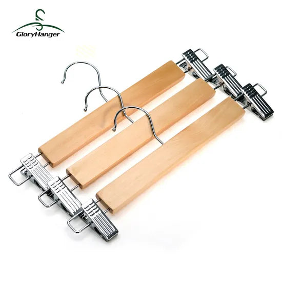 12 Cintres en Bois de Haute Qualité avec Clips en Acier Inoxydable pour Jupe et Pantalon
