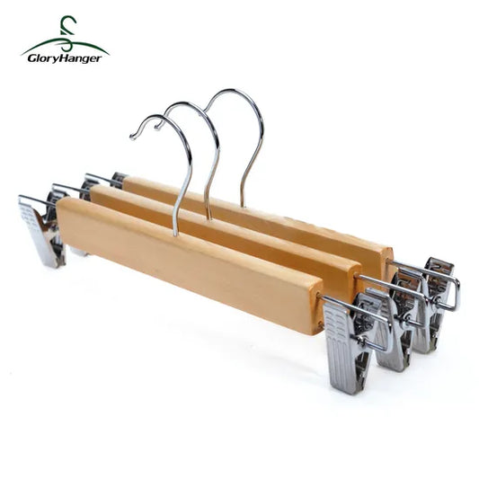 12 Cintres en Bois de Haute Qualité avec Clips en Acier Inoxydable pour  Jupe et Pantalon